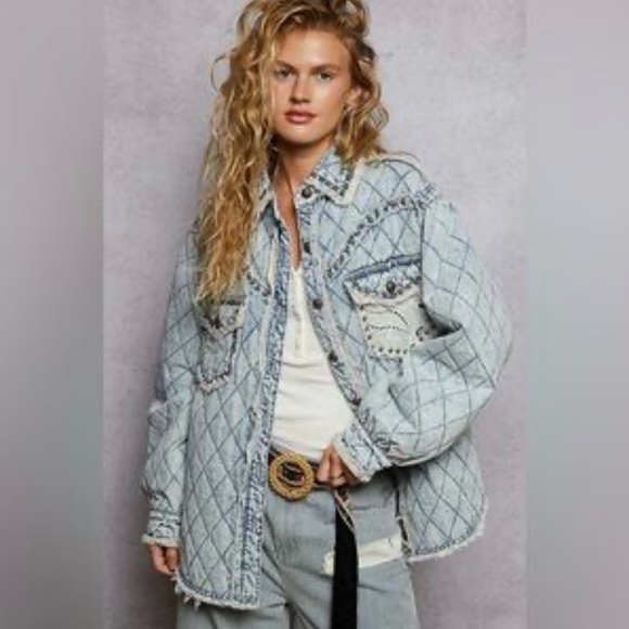 POL Tops - POL Quilted denim shacket with bronze studs, lace, pockets, distressed NEW